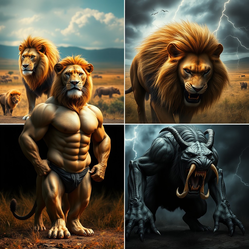 A dramatic transformation of a muscular lion showcasing a journey from noble to malevolent