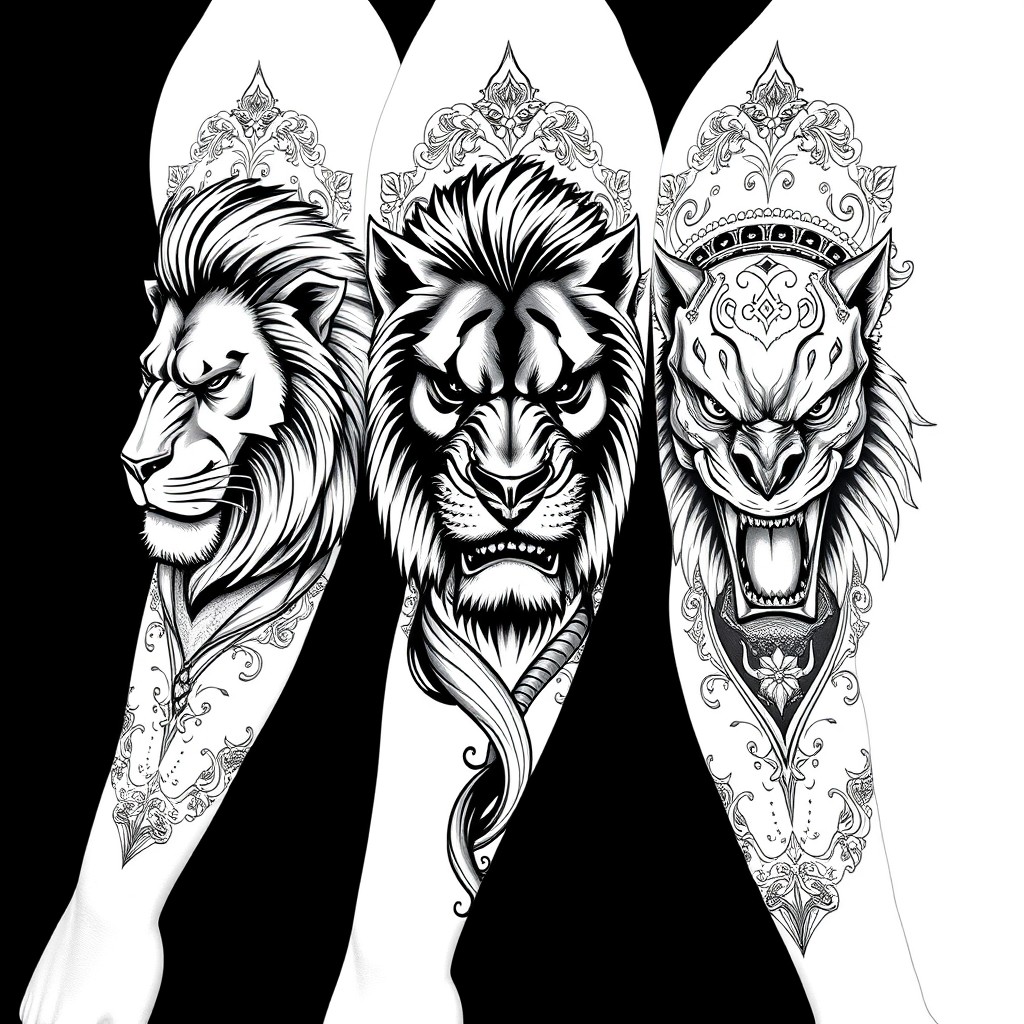 A detailed black and white arm sleeve tattoo design featuring three distinct lions: a strong and majestic good lion, a fierce and intimidating bad lion, and an ugly, evil-looking lion, all depicted as muscular