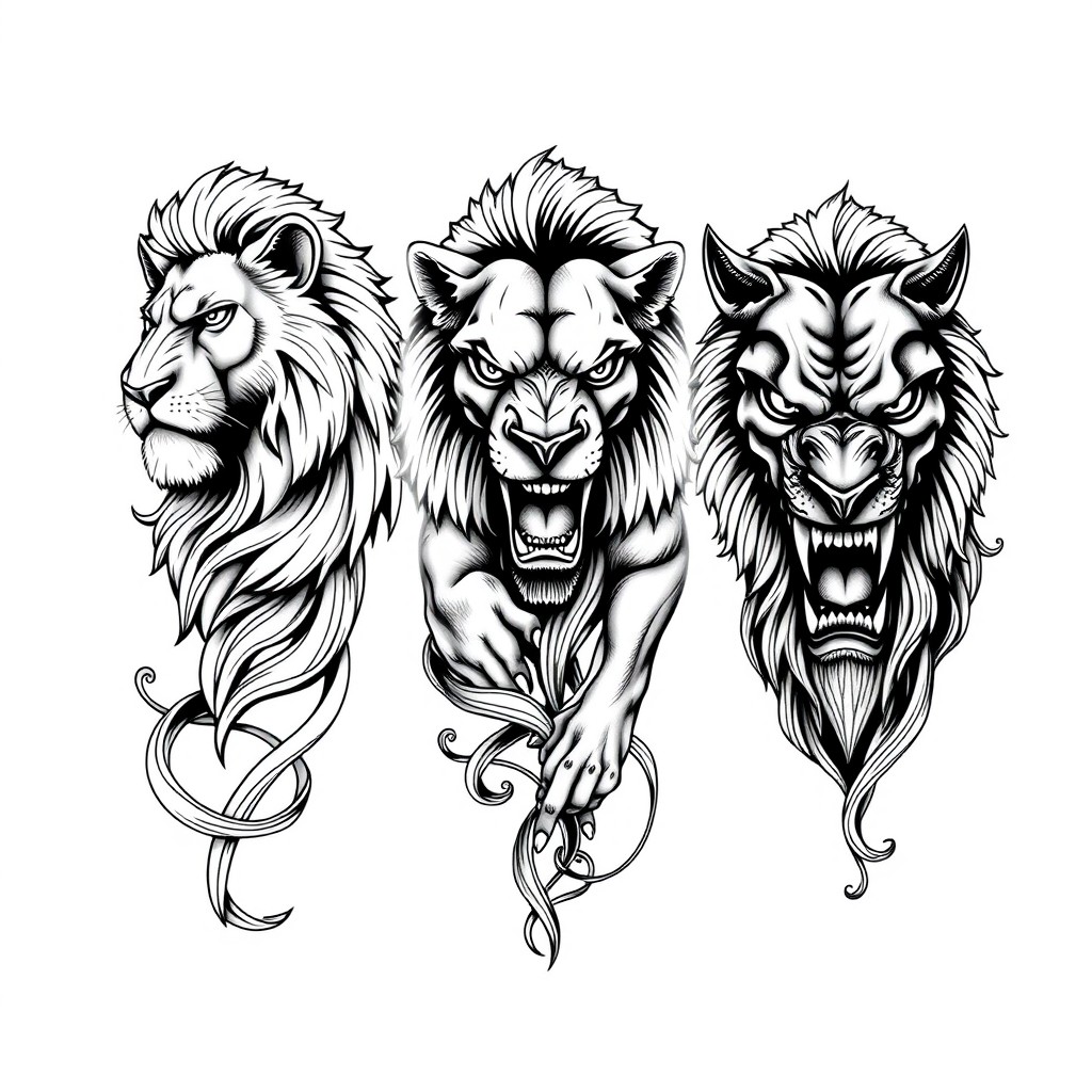 An intricate black and white arm sleeve tattoo design featuring three distinct lions: a majestic good lion, a fierce bad lion, and an ugly evil lion