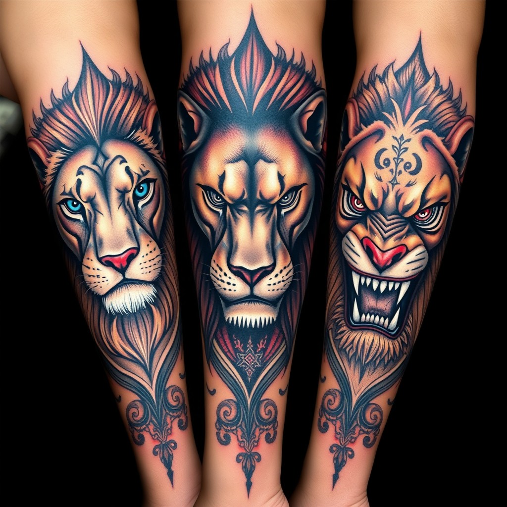 A stunning and detailed arm sleeve tattoo design featuring three lions