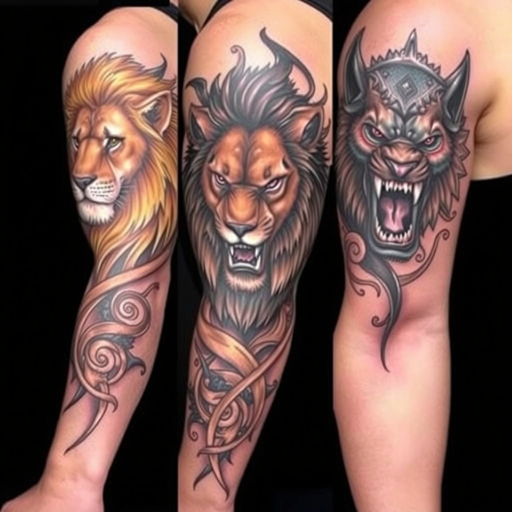 A detailed arm sleeve tattoo design featuring three distinct lions from shoulder to wrist