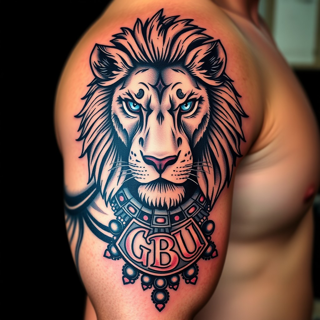 A detailed shoulder and bicep tattoo design featuring a strong, muscular lion with striking blue eyes