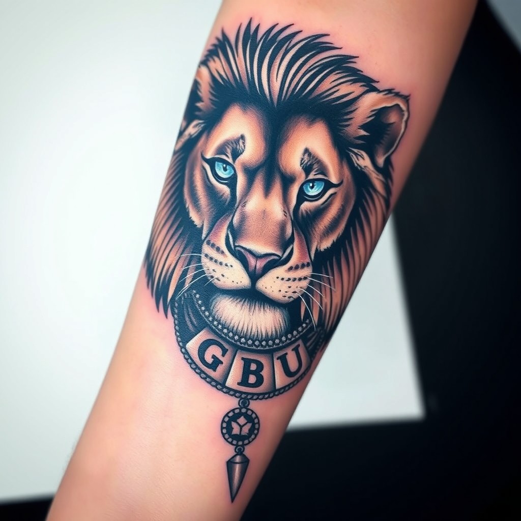 A forearm tattoo design featuring a highly detailed, realistic lion with striking blue eyes