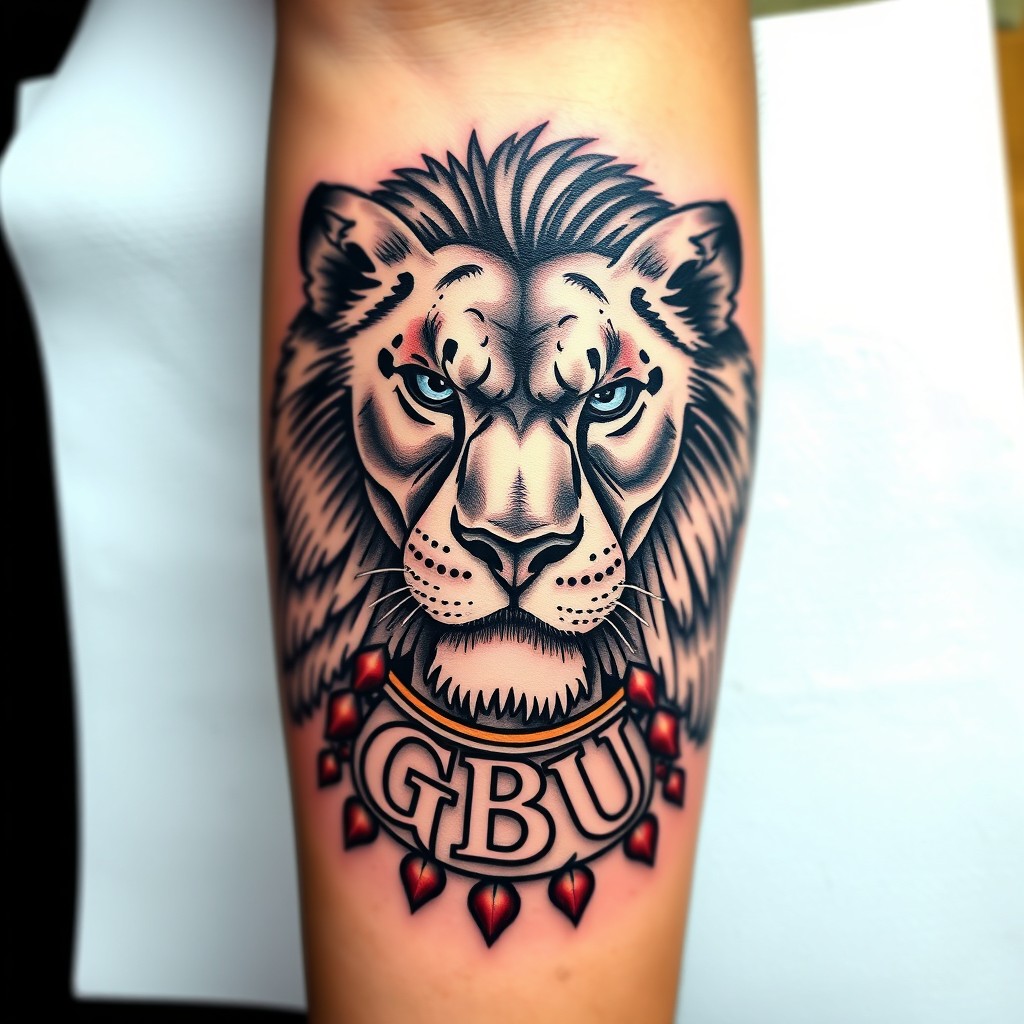 A detailed, artistic forearm tattoo design featuring a muscular lion with striking blue eyes