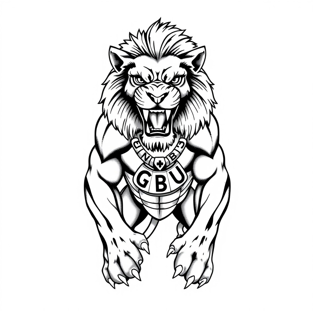 A detailed black and white tattoo design featuring a muscular lion in a full-body pose, snarling with bared teeth and visible claws