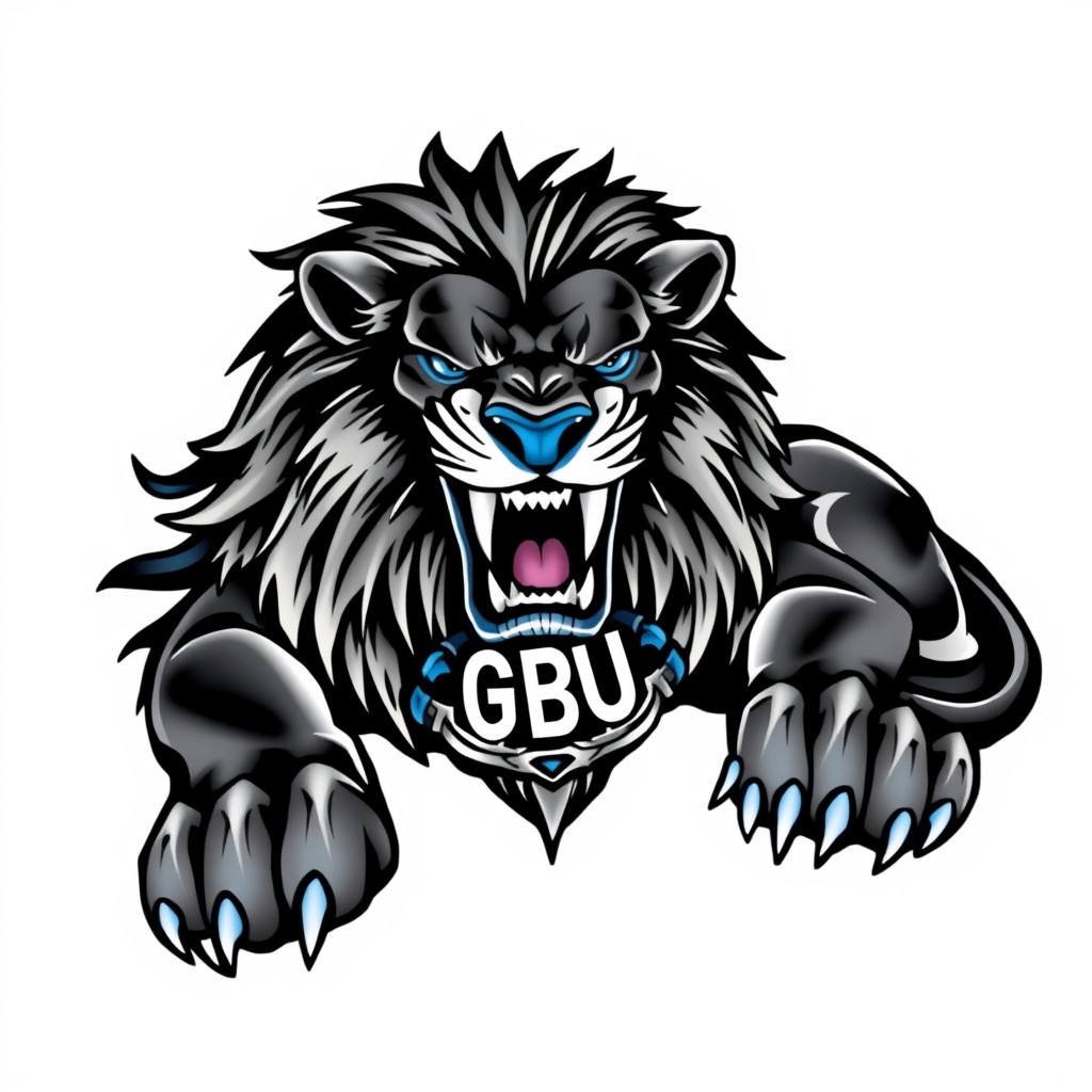 A fierce, muscular lion tattoo design featuring striking black and blue colors
