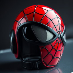 A close-up view of a HGU-56 flight helmet, intricately painted to resemble Spiderman's design