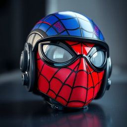 A close-up view of a HGU-56 flight helmet, intricately painted to resemble Spiderman's design