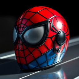 A close-up view of a HGU-56 flight helmet, intricately painted to resemble Spiderman's design