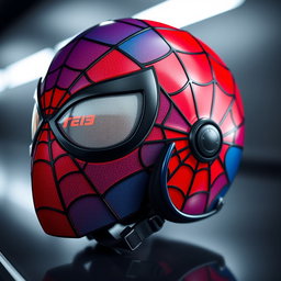 A close-up view of a HGU-56 flight helmet, intricately painted to resemble Spiderman's design