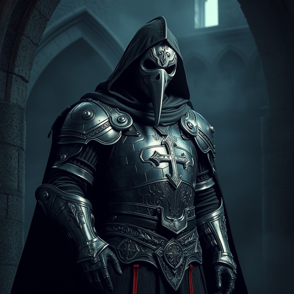 A striking armored plague doctor standing in a dramatic pose, adorned with intricate metal plating and a long flowing cloak