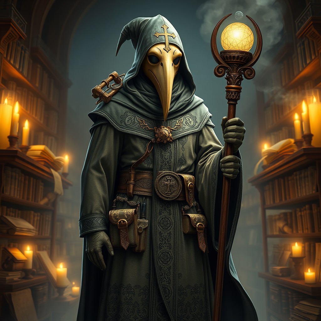 A cleric plague doctor character, featuring a hybrid of traditional plague doctor attire and clerical elements