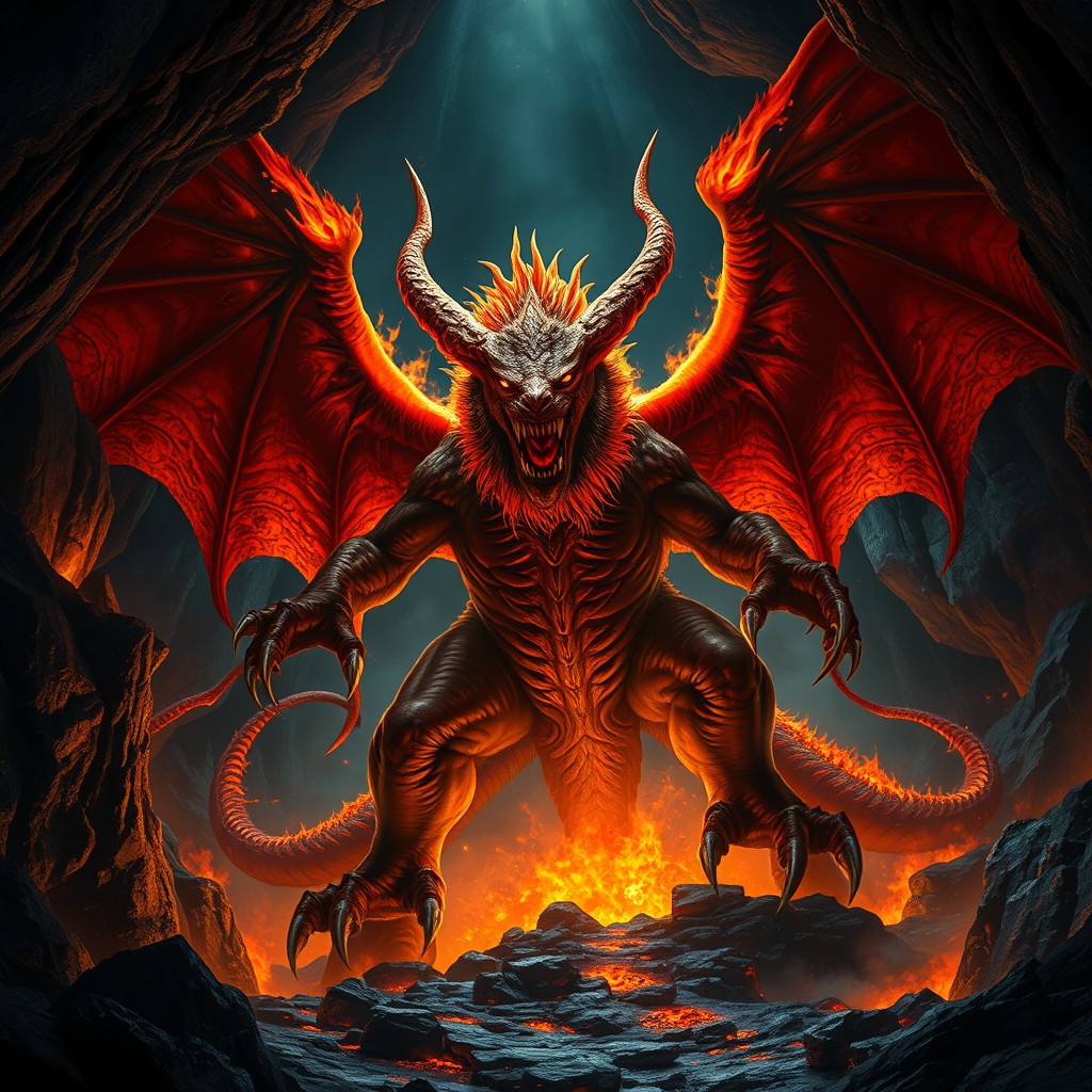 A powerful balrog, embodying the essence of wrath, towering ominously in a dark, fiery underground cavern