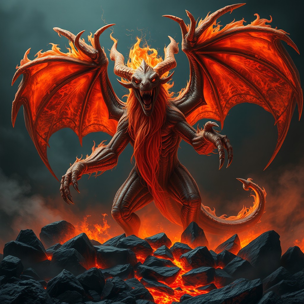 A majestic and terrifying balrog, representing the god of wrath, stands menacingly in a dark, volcanic landscape