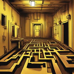 A depiction of the Backrooms level 0 with endless maze-like off-yellow rooms, monotone fluorescent lights, an eerie atmosphere and dilapidated, stained carpets.