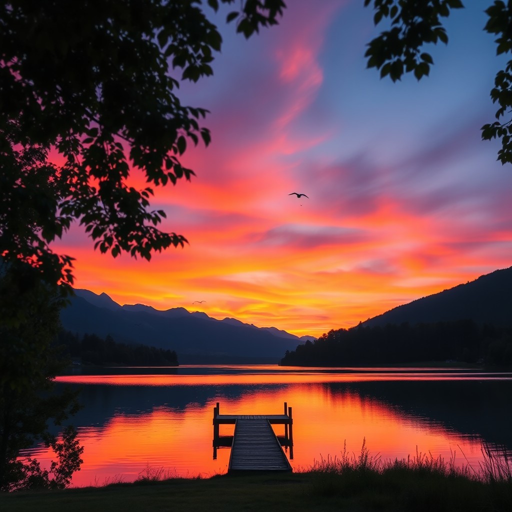 A serene landscape featuring a tranquil lake at sunset, with vibrant orange and pink hues reflecting off the water