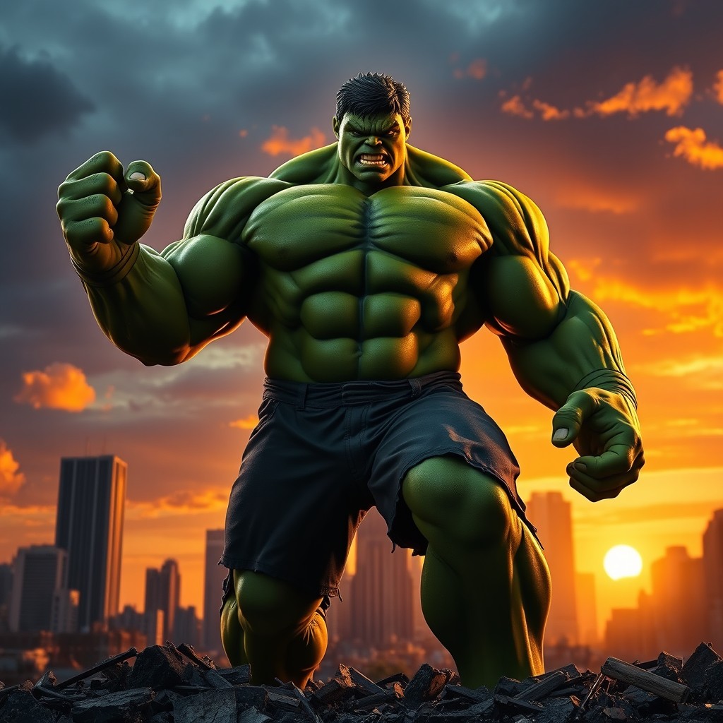 A dynamic, muscular figure of the Hulk standing heroically amidst a cityscape, showcasing his vibrant green skin, bulging muscles, and fierce expression