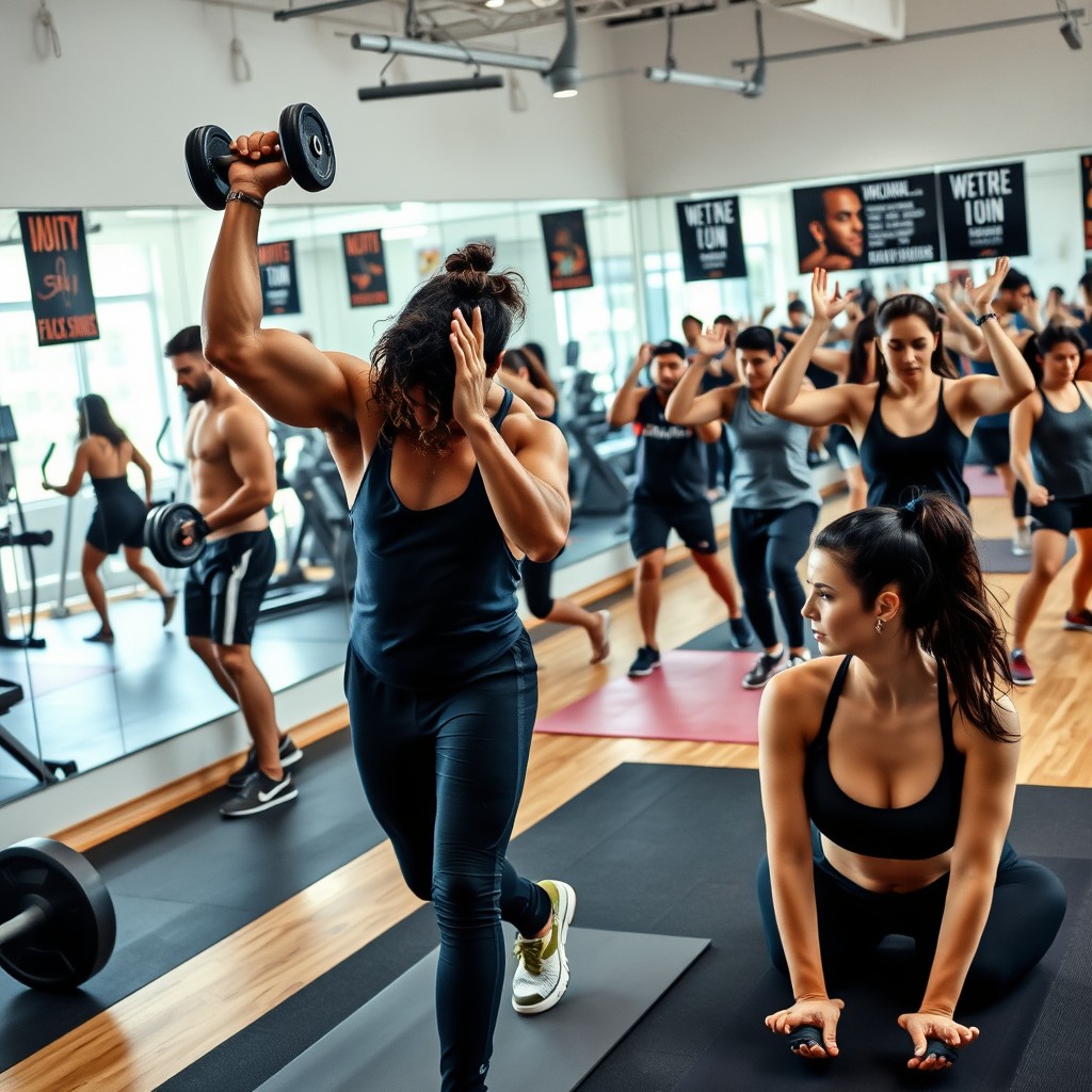 A dynamic and energetic gym scene showcasing diverse individuals engaged in a variety of workouts