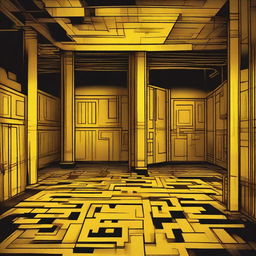 A depiction of the Backrooms level 0 with endless maze-like off-yellow rooms, monotone fluorescent lights, an eerie atmosphere and dilapidated, stained carpets.