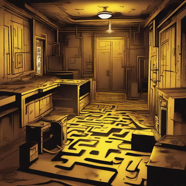 A depiction of the Backrooms level 0 with endless maze-like off-yellow rooms, monotone fluorescent lights, an eerie atmosphere and dilapidated, stained carpets.