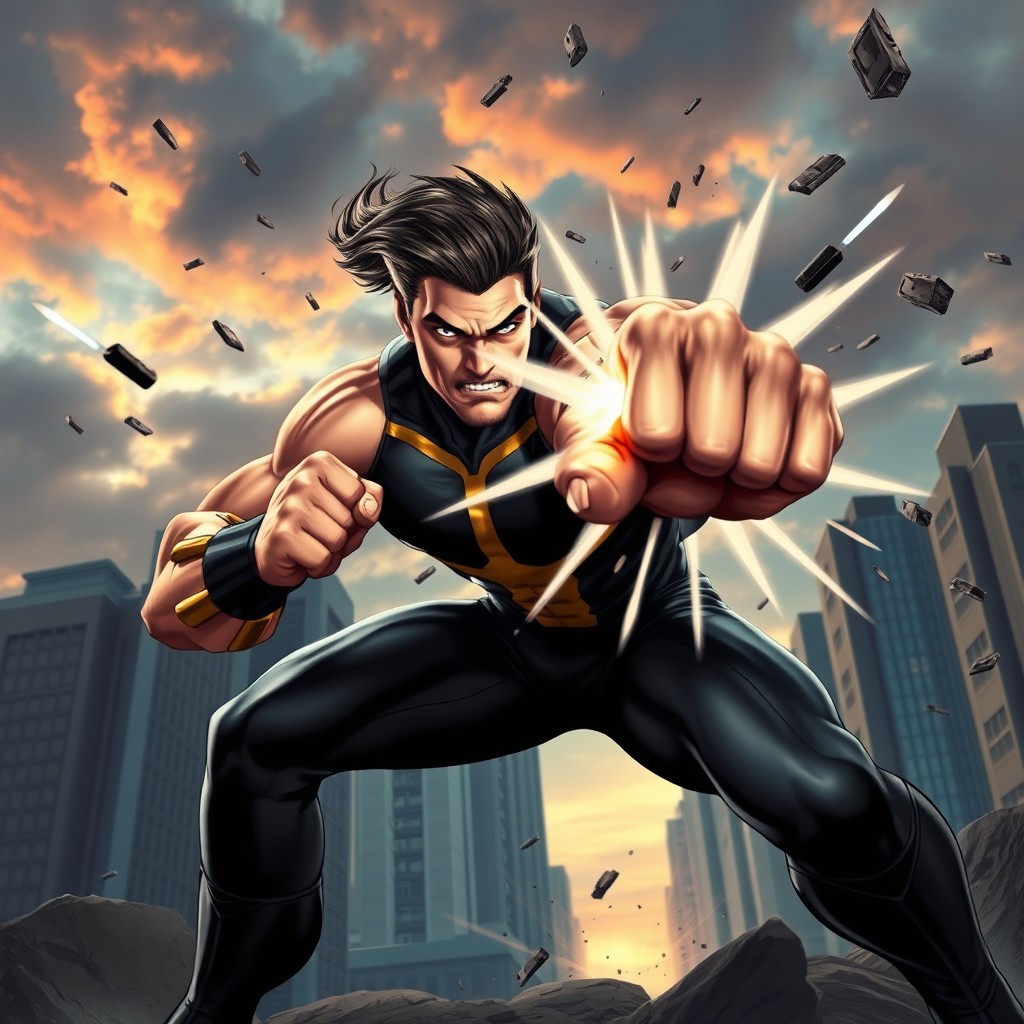 A dynamic, intense scene featuring a powerful superhero mid-action, delivering an incredible punch that creates a shockwave around him