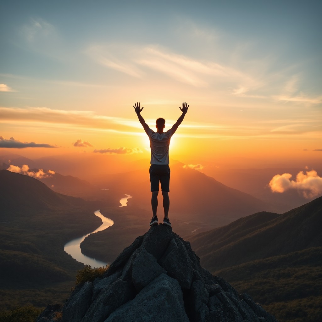 A serene and inspiring landscape depicting a lone figure standing on a mountain peak, arms raised in triumph against a stunning sunrise