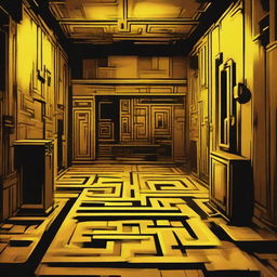 A depiction of the Backrooms level 0 with endless maze-like off-yellow rooms, monotone fluorescent lights, an eerie atmosphere and dilapidated, stained carpets.