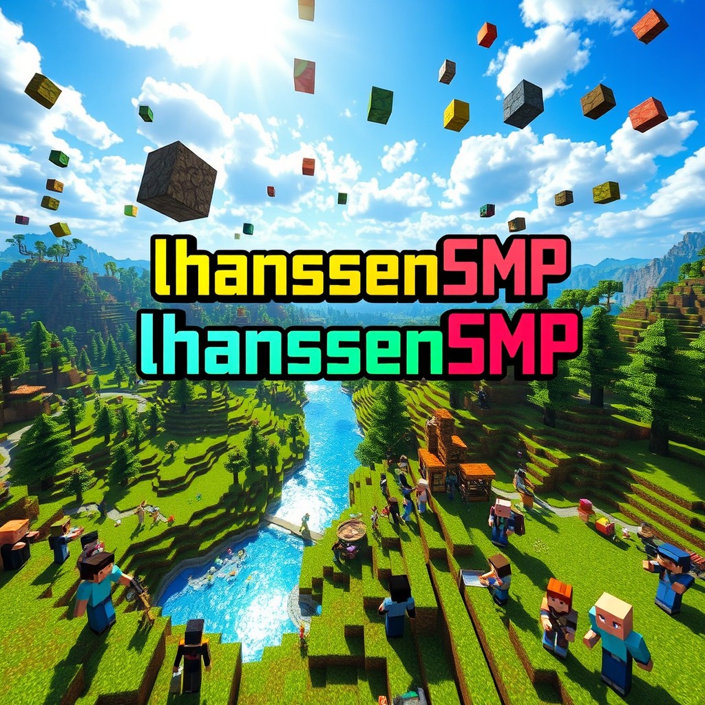 A vibrant and dynamic scene depicting the lhanssenSMP Minecraft survival multiplayer server