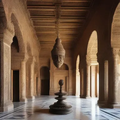 The grand entrance hall of the palace featured intricate carvings and decorations as a tribute to the craftsmanship of the era.