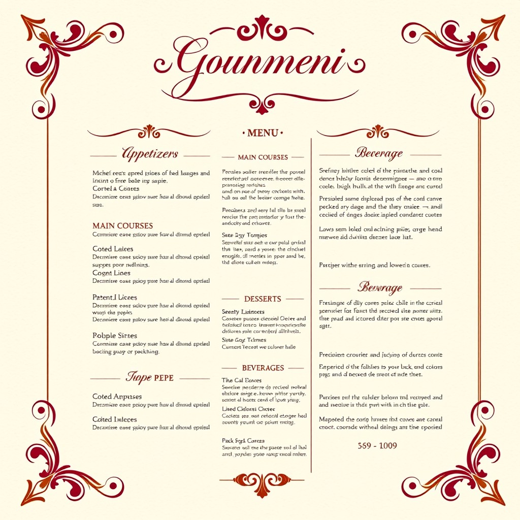 A beautifully designed menu template featuring an elegant layout suitable for a fine dining restaurant