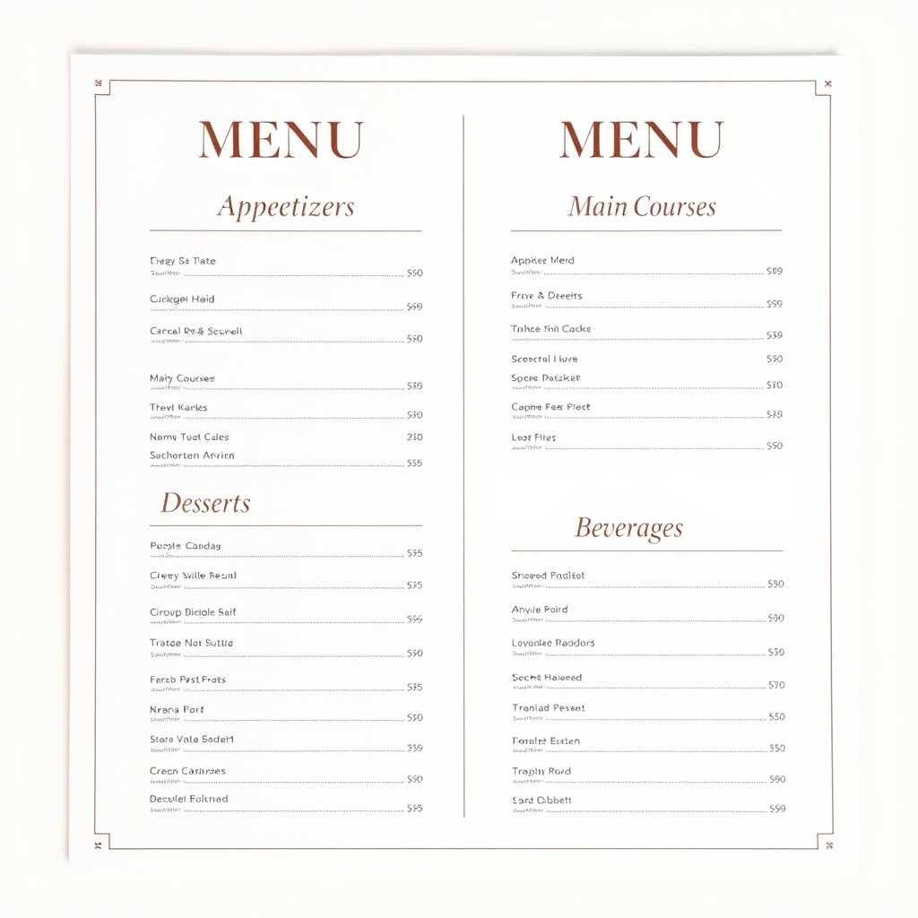 A blank menu template designed for versatility, featuring a clean and modern layout suitable for various dining establishments