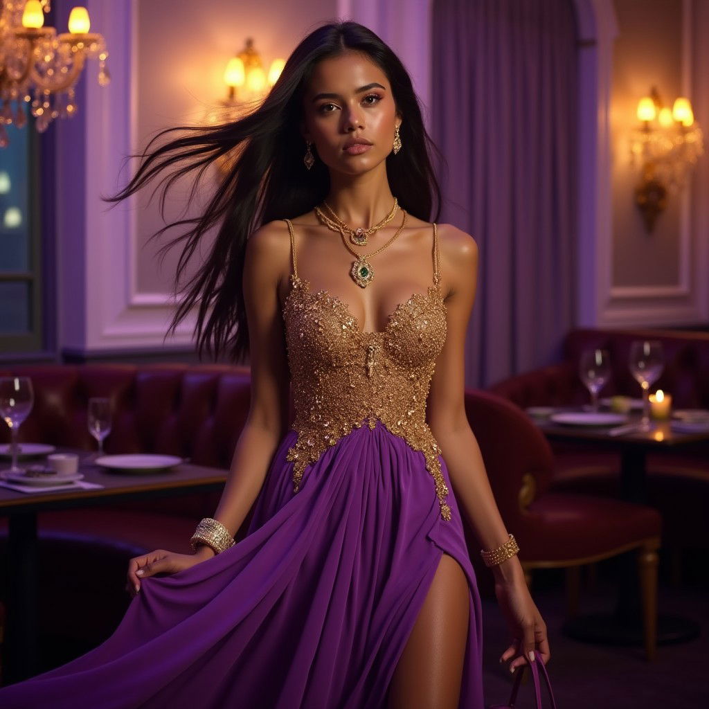 A sexy, young, elegant girl wearing a glamorous golden and purple evening gown that flows beautifully, her dark long hair blowing gracefully in the wind