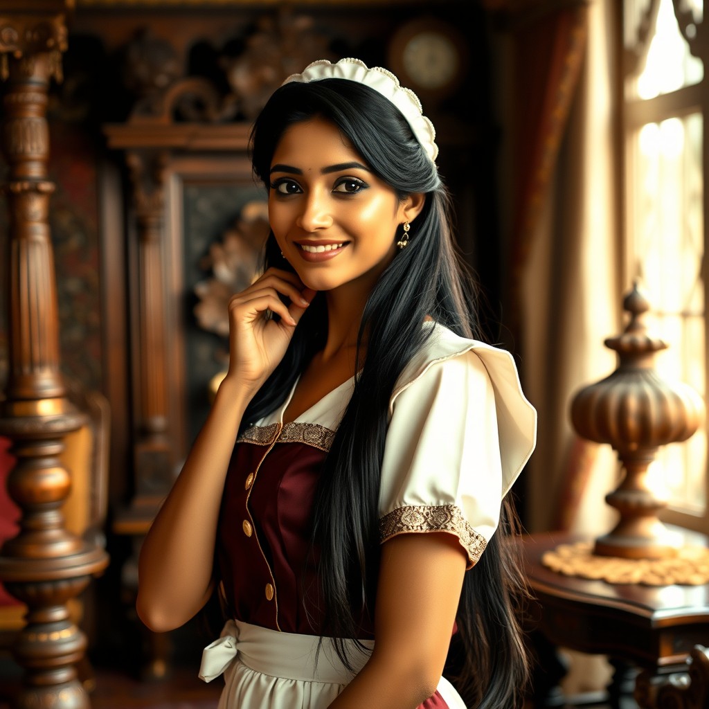 An elegant Indian maid in a vintage-style uniform, gracefully posed in a lavish, traditional Indian home