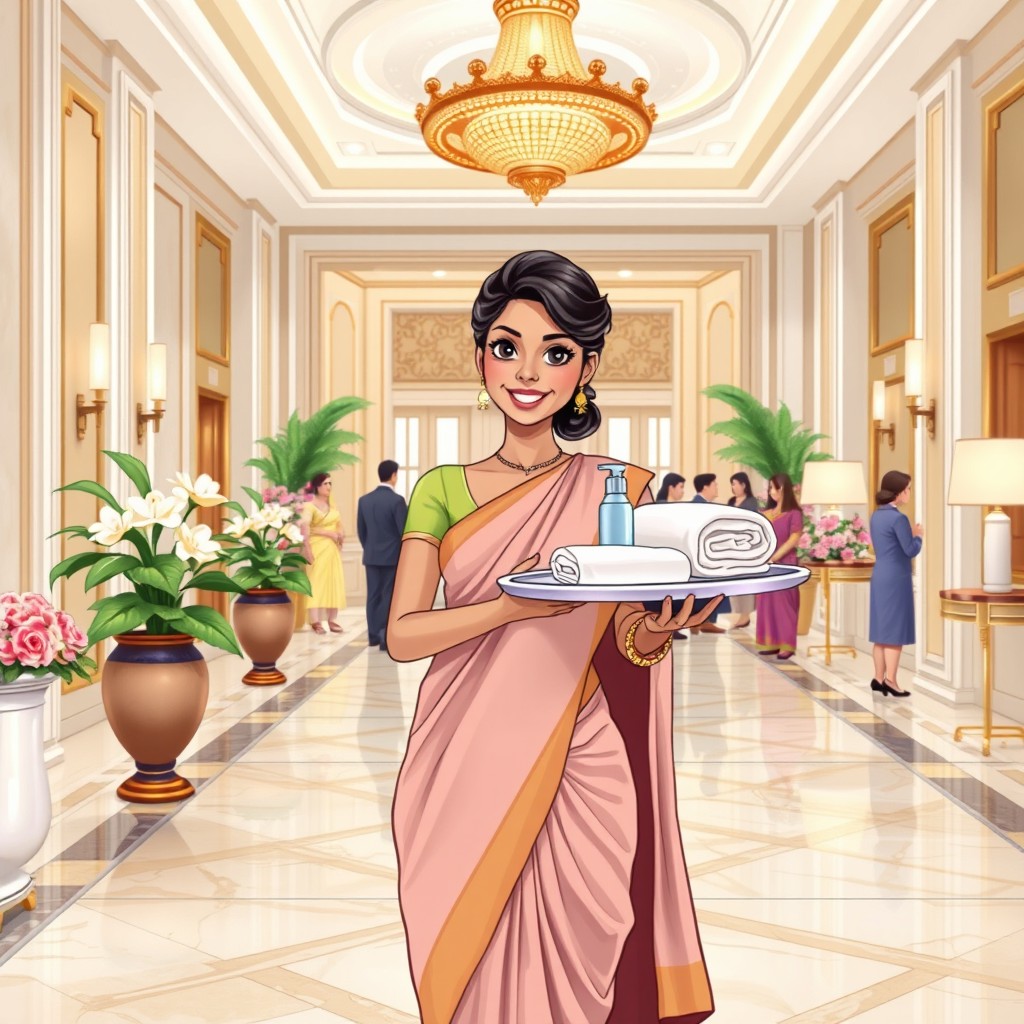 A beautifully detailed illustration of an Indian maid working in a luxurious hotel environment