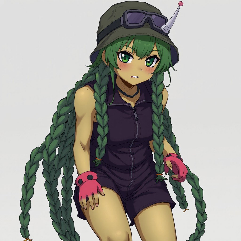 An anime adult woman with striking olive-greenish skin and animalistic dark green eyes that appear tightly focused