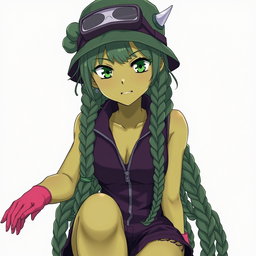 An anime adult woman with striking olive-greenish skin and animalistic dark green eyes that appear tightly focused