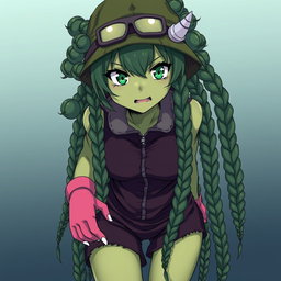 An anime adult woman with striking olive-greenish skin and animalistic dark green eyes that appear tightly focused
