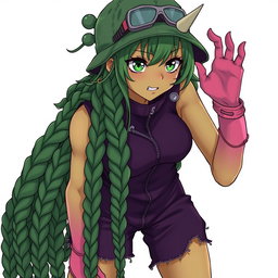 An anime adult woman with striking olive-greenish skin and animalistic dark green eyes that appear tightly focused