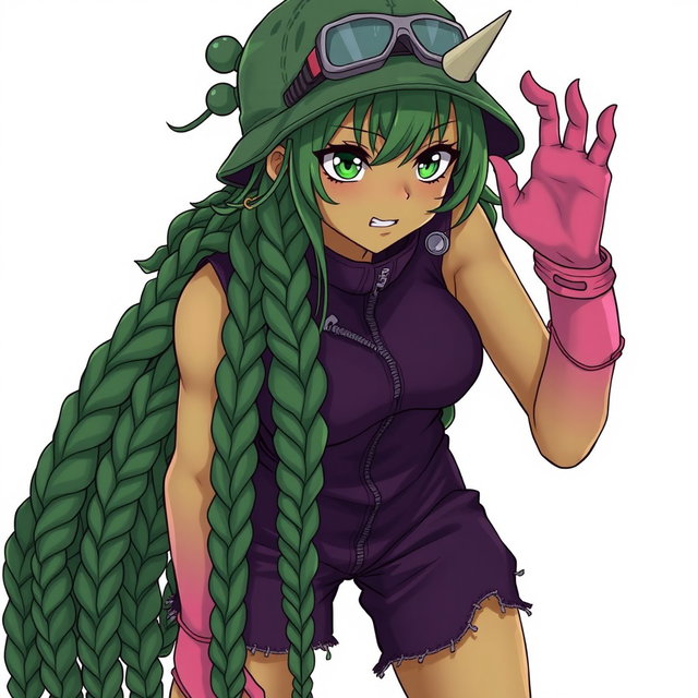 An anime adult woman with striking olive-greenish skin and animalistic dark green eyes that appear tightly focused