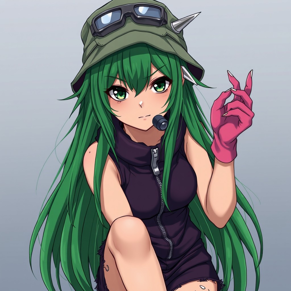 An anime adult woman with captivating olive-greenish skin and striking animalistic dark green eyes that appear tightly focused