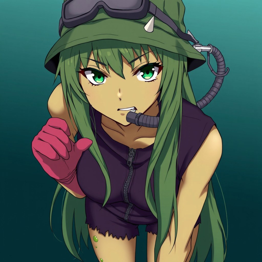An anime adult woman with distinctive olive-greenish skin and piercing animalistic dark green eyes that are tightly focused
