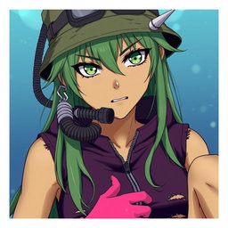 An anime adult woman with distinctive olive-greenish skin and piercing animalistic dark green eyes that are tightly focused