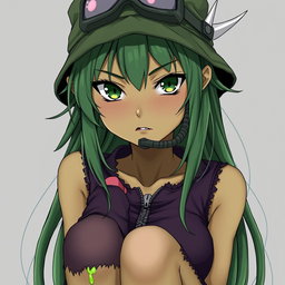 An anime adult woman with distinctive olive-greenish skin and piercing animalistic dark green eyes that are tightly focused