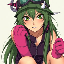 An anime adult woman with distinctive olive-greenish skin and piercing animalistic dark green eyes that are tightly focused