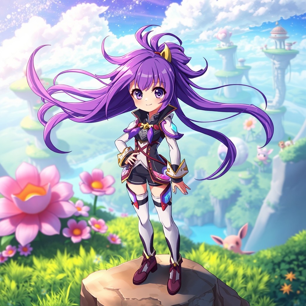 A captivating anime character with vibrant, flowing purple hair styled in a dramatic fashion