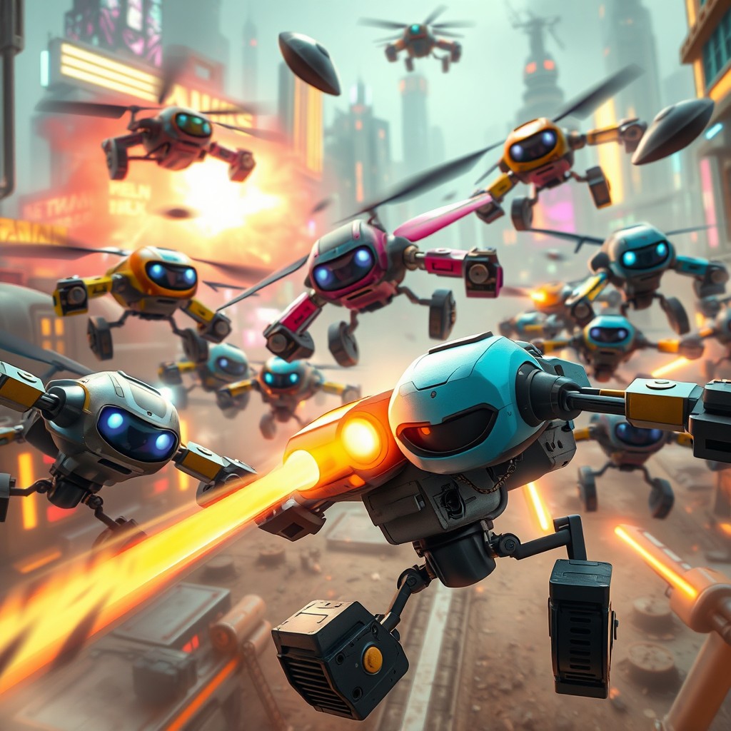 An action-packed scene inspired by a futuristic animated film where anthropomorphic drones engage in intense, high-energy battles