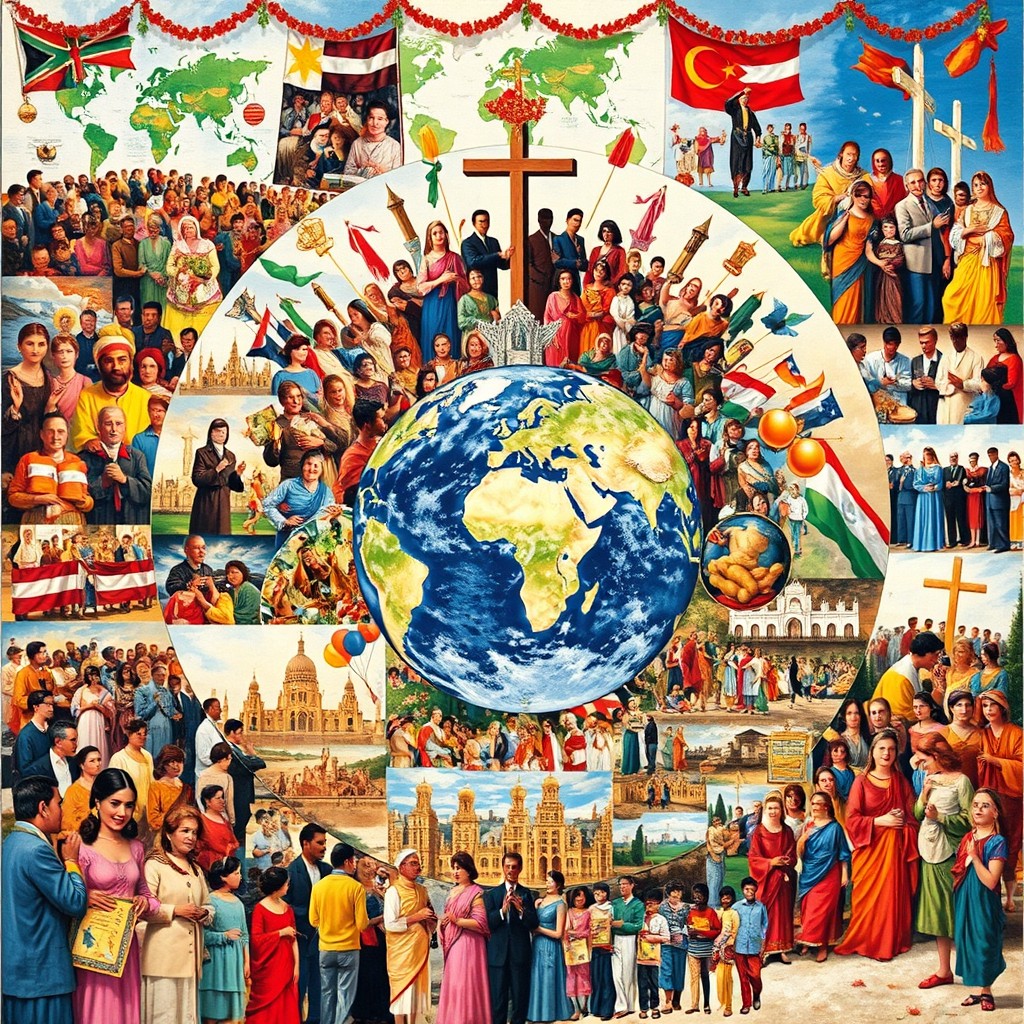 A vibrant collage depicting various aspects of population, culture, and religion around the world