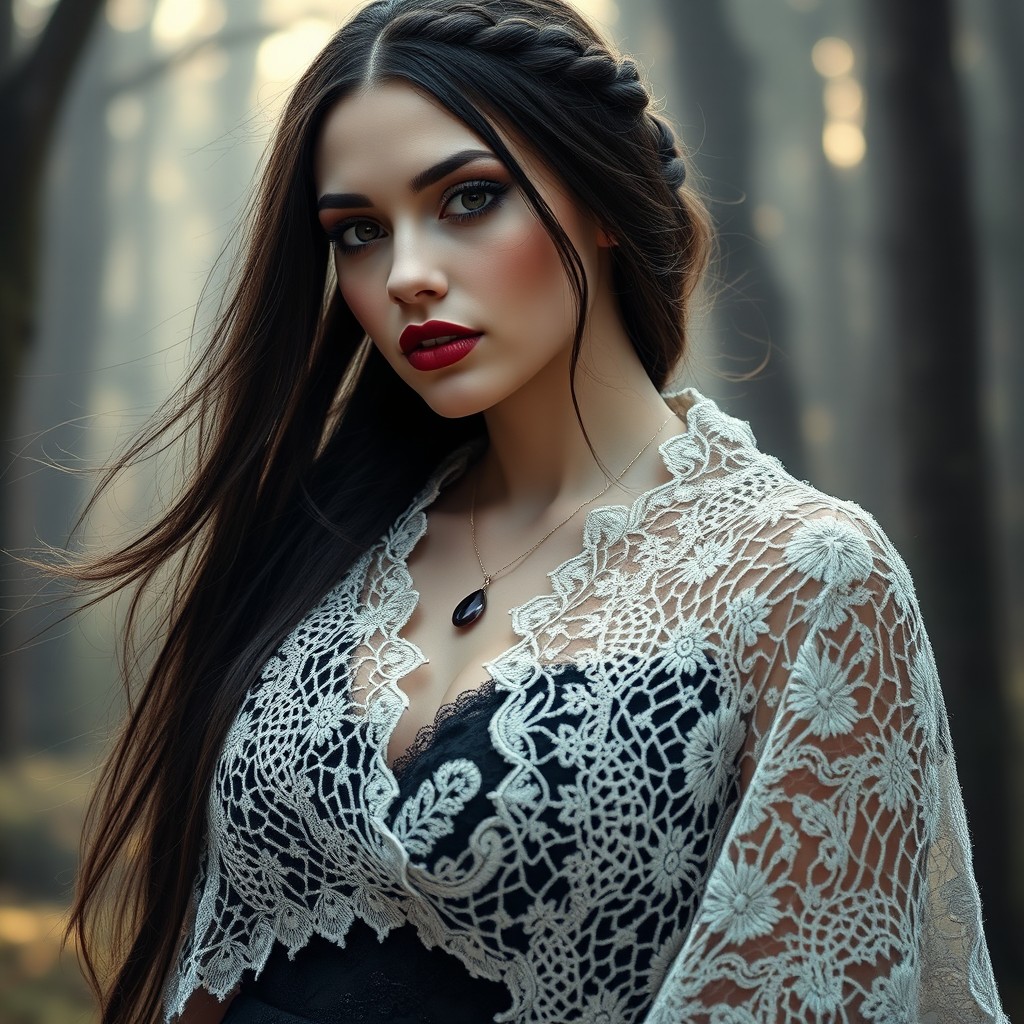 A beautiful Bohemian goth woman dressed in exquisite ashes of rose lace garments