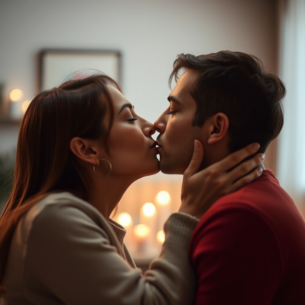 A passionate kiss between two adults, portrayed in a romantic and intimate setting