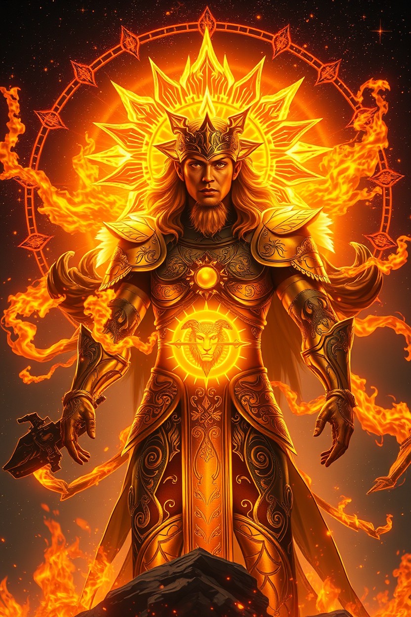 An epic cinematic cosmic solar warrior, depicted as a humanoid embodiment of the Sun, exuding the essence of light and fire